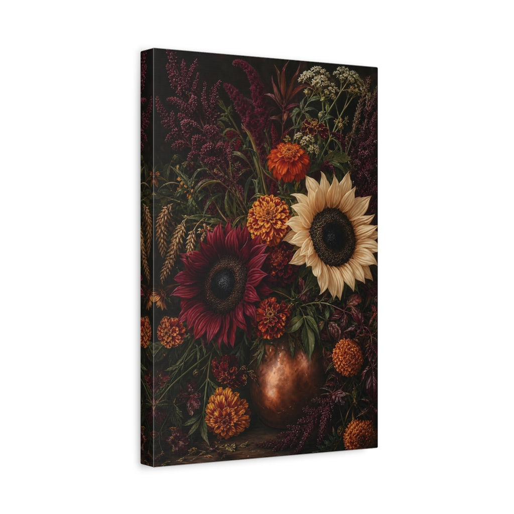 Side Mockup 4. Floral Floral Bouquet Dark Floral Still Life shown as stretched canvas wall art