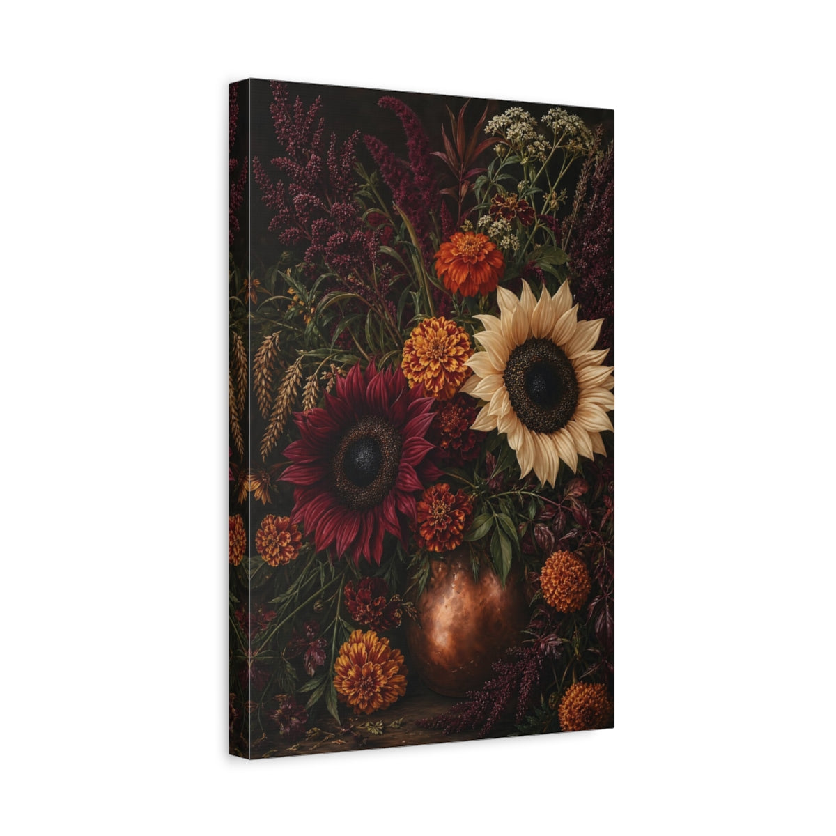 Side Mockup 4. Floral Floral Bouquet Dark Floral Still Life shown as stretched canvas wall art
