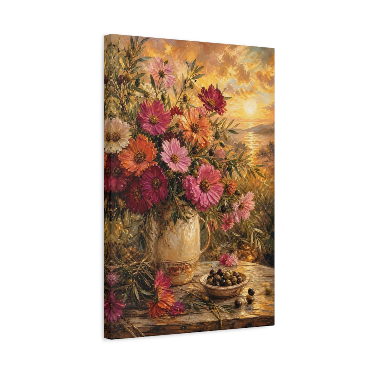 Side Mockup 3. Floral Floral Bouquet Golden Hour Still Life shown as stretched canvas wall art