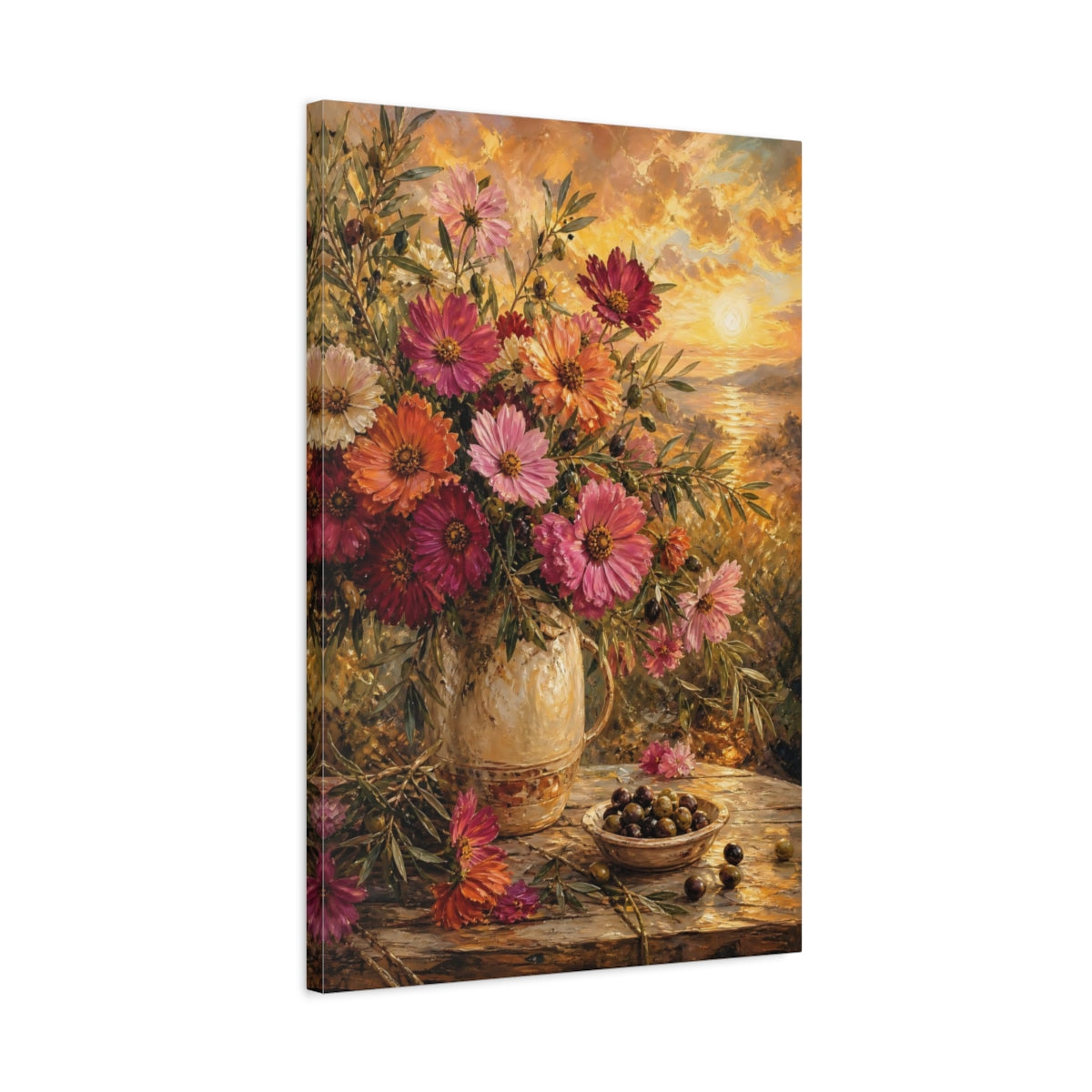 Side Mockup 2. Floral Floral Bouquet Golden Hour Still Life shown as stretched canvas wall art