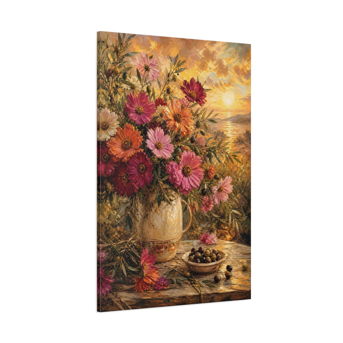 Side Mockup 1. Floral Floral Bouquet Golden Hour Still Life shown as stretched canvas wall art
