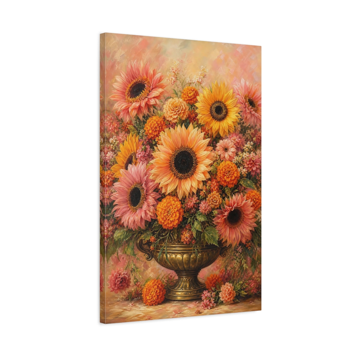 Side Mockup 2. Floral Floral Bouquet Orange Pink Floral shown as stretched canvas wall art