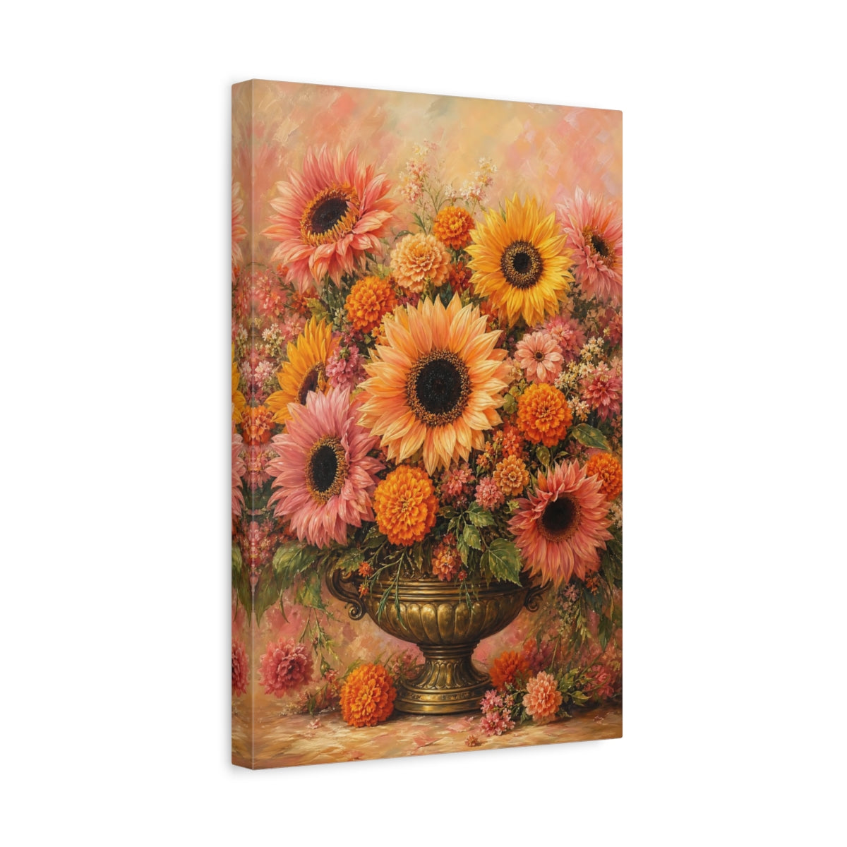 Side Mockup 4. Floral Floral Bouquet Orange Pink Floral shown as stretched canvas wall art