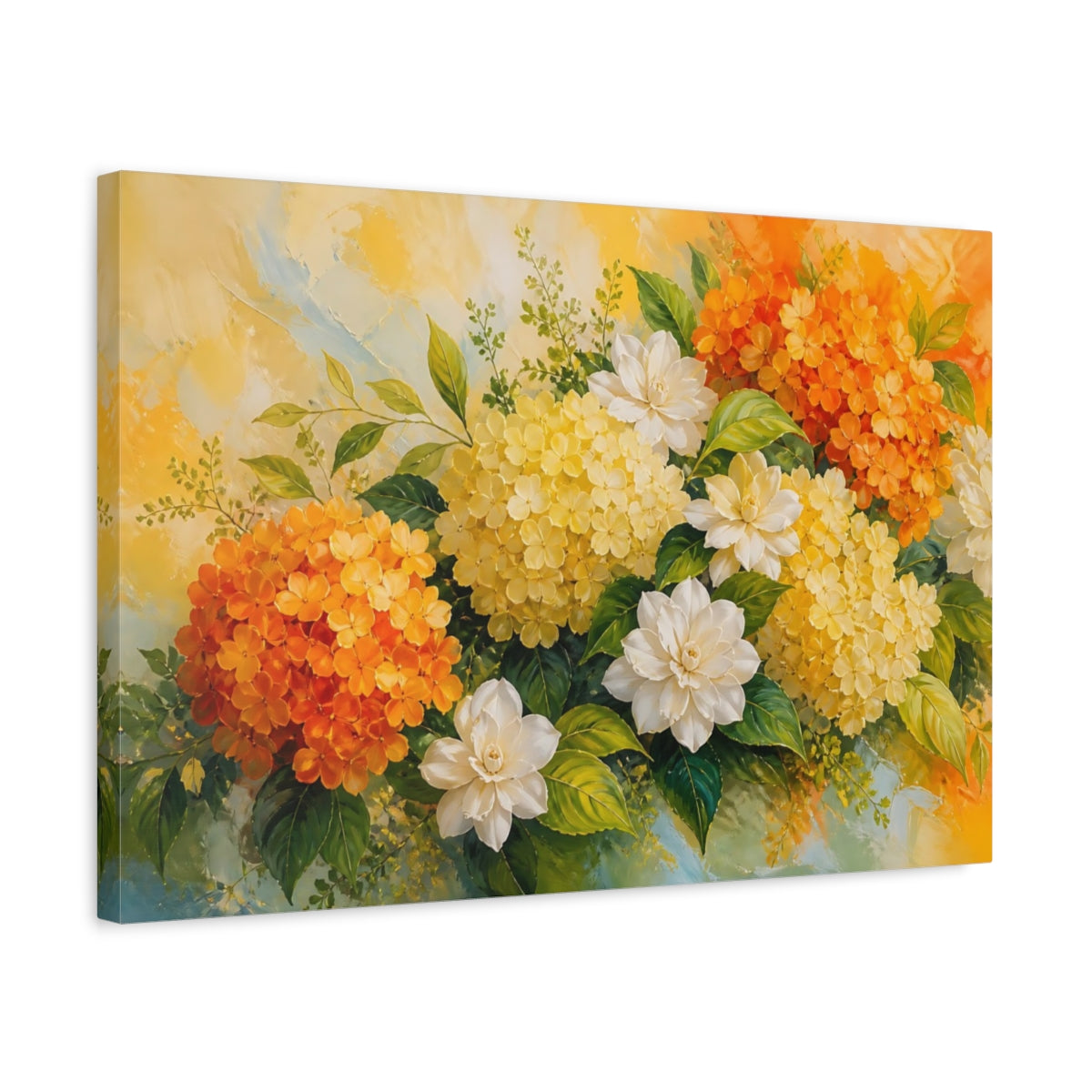 Side Mockup 3. Floral Floral Bouquet Orange Yellow Flowers shown as stretched canvas wall art