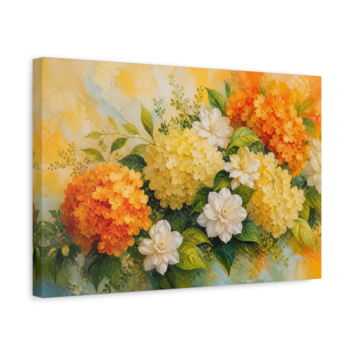 Side Mockup 4. Floral Floral Bouquet Orange Yellow Flowers shown as stretched canvas wall art