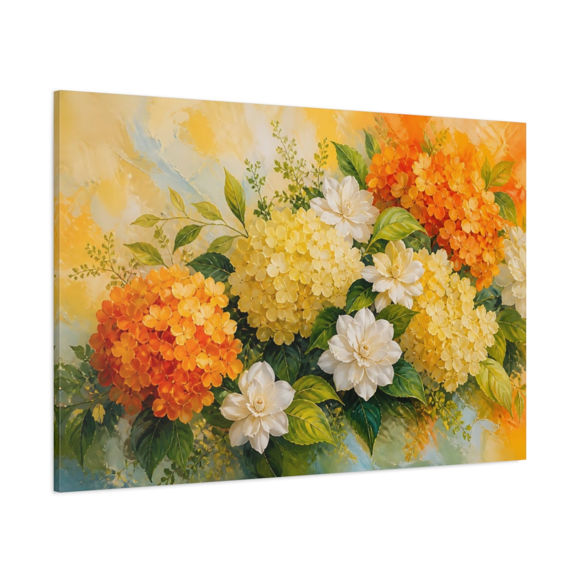 Side Mockup 1. Floral Floral Bouquet Orange Yellow Flowers shown as stretched canvas wall art