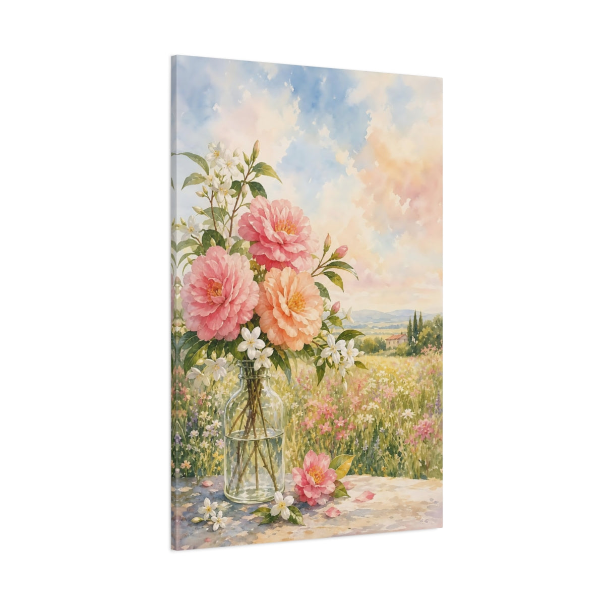 Side Mockup 1. Floral Floral Bouquet Pastel Floral shown as stretched canvas wall art