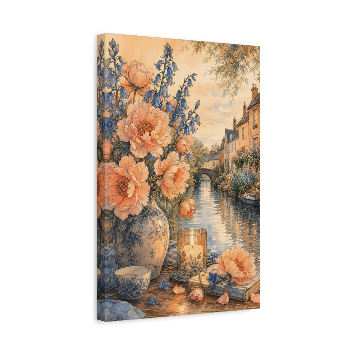 Side Mockup 4. Floral Floral Bouquet Peach Blue Floral shown as stretched canvas wall art