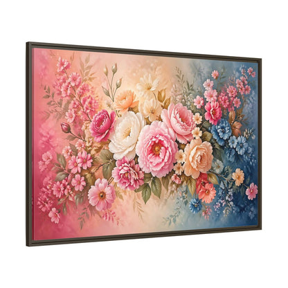 Side Mockup 8. Floral Floral Bouquet Pink Blue Floral shown as stretched canvas wall art