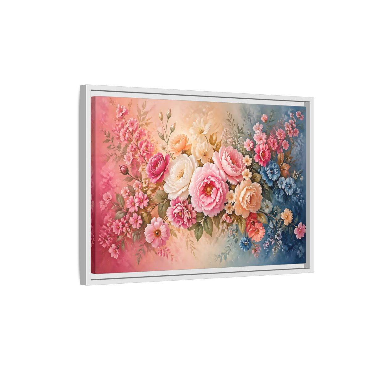 Side Mockup 1. Floral Floral Bouquet Pink Blue Floral shown as stretched canvas wall art