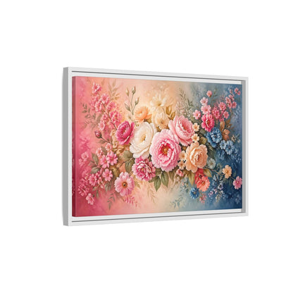 Side Mockup 1. Floral Floral Bouquet Pink Blue Floral shown as stretched canvas wall art