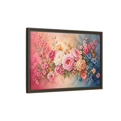 Side Mockup 2. Floral Floral Bouquet Pink Blue Floral shown as stretched canvas wall art