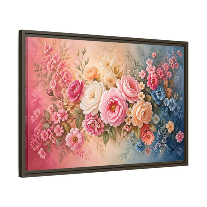 Side Mockup 11. Floral Floral Bouquet Pink Blue Floral shown as stretched canvas wall art
