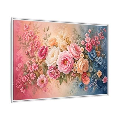 Side Mockup 7. Floral Floral Bouquet Pink Blue Floral shown as stretched canvas wall art