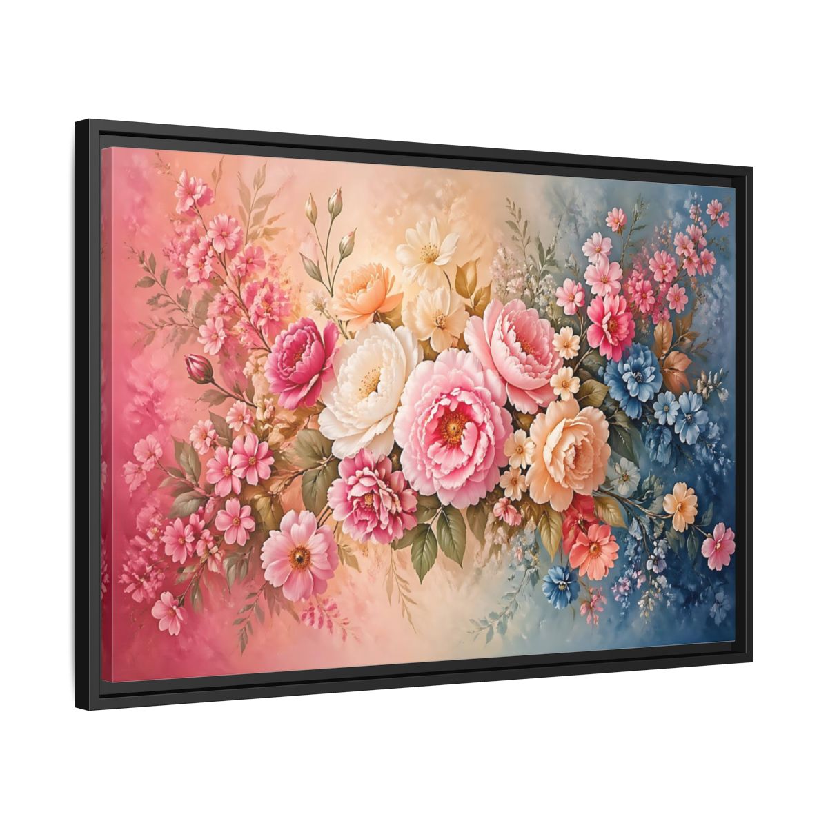 Side Mockup 14. Floral Floral Bouquet Pink Blue Floral shown as stretched canvas wall art