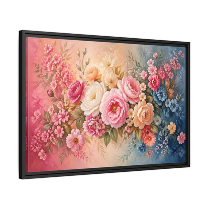 Side Mockup 14. Floral Floral Bouquet Pink Blue Floral shown as stretched canvas wall art