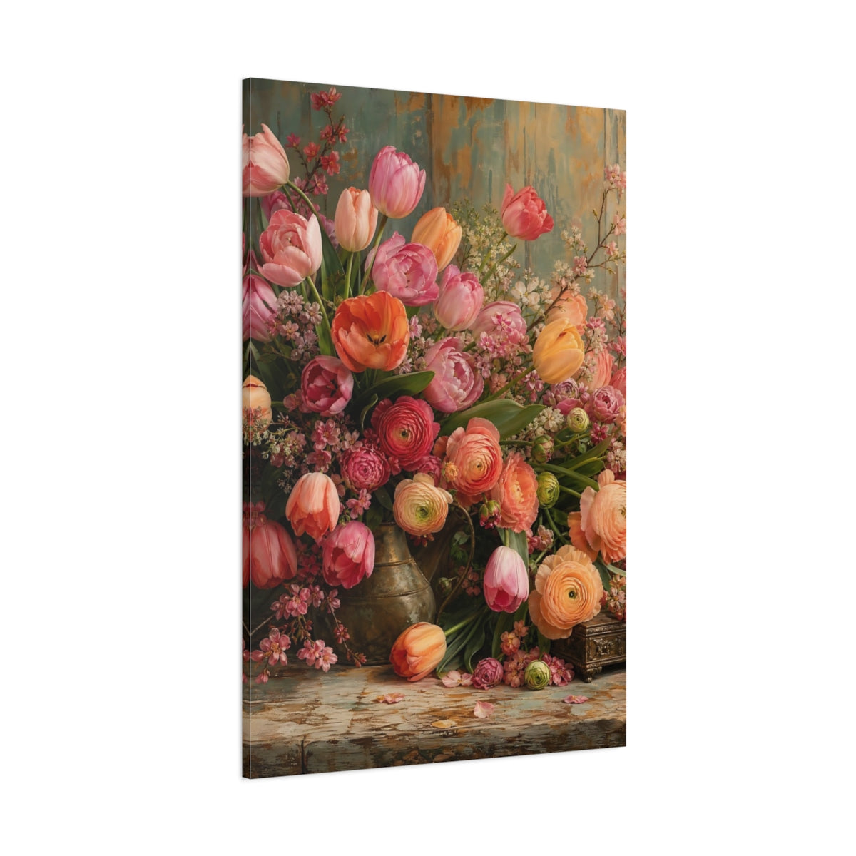 Side Mockup 1. Floral Floral Bouquet Pink Orange Floral shown as stretched canvas wall art