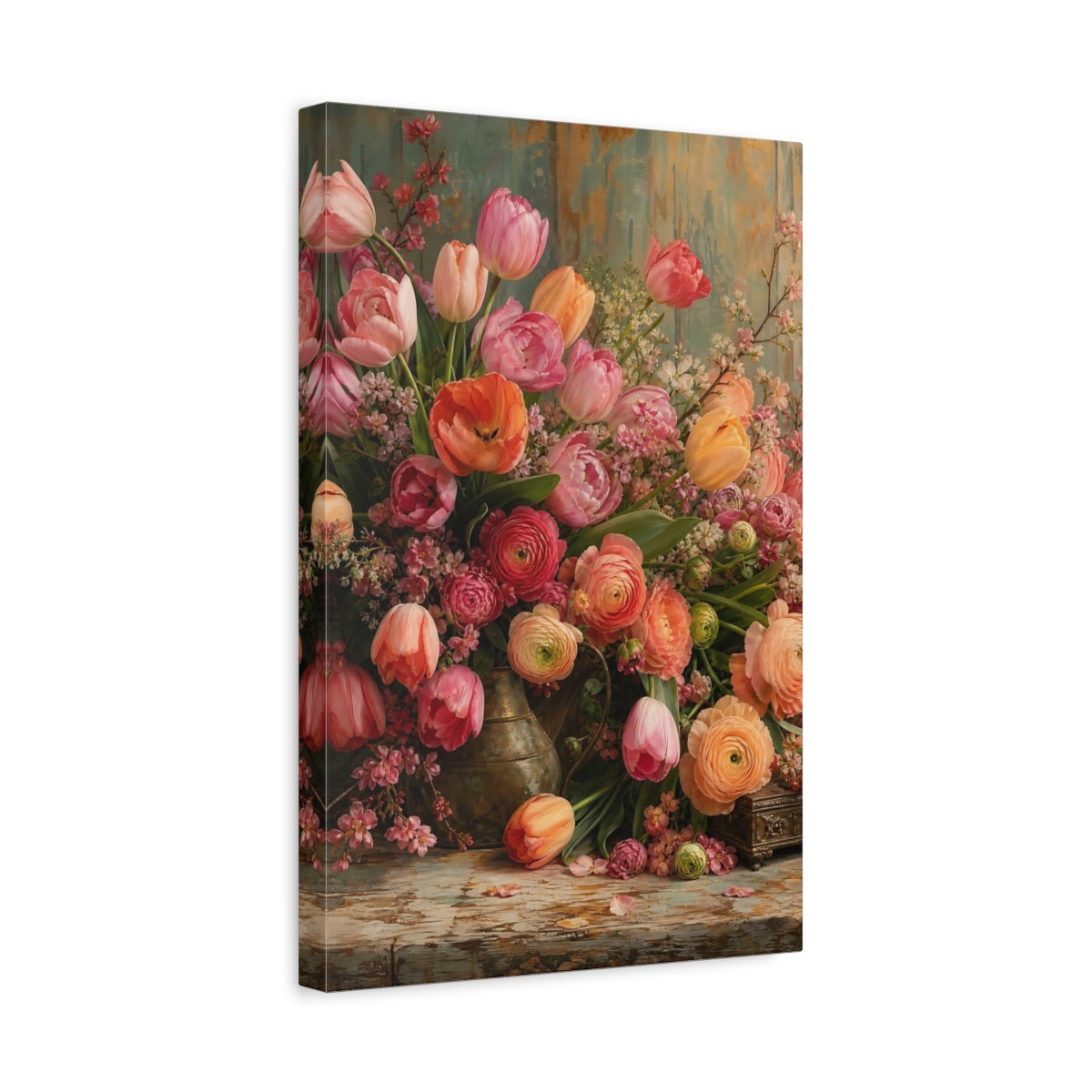 Side Mockup 4. Floral Floral Bouquet Pink Orange Floral shown as stretched canvas wall art
