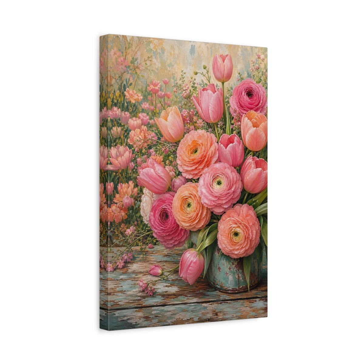 Side Mockup 4. Floral Floral Bouquet Pink Peach Floral shown as stretched canvas wall art