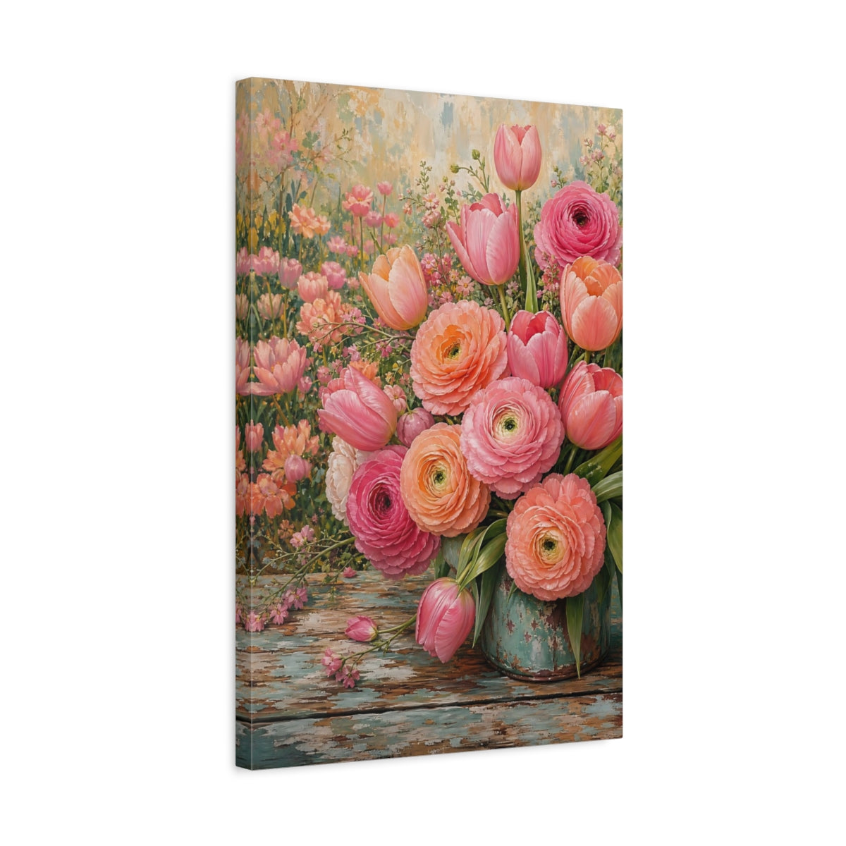 Side Mockup 3. Floral Floral Bouquet Pink Peach Floral shown as stretched canvas wall art