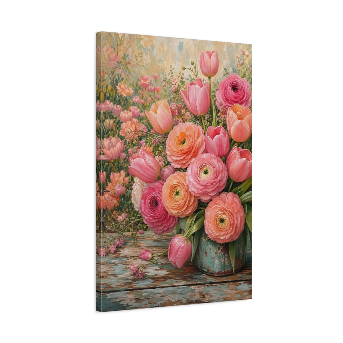 Side Mockup 2. Floral Floral Bouquet Pink Peach Floral shown as stretched canvas wall art
