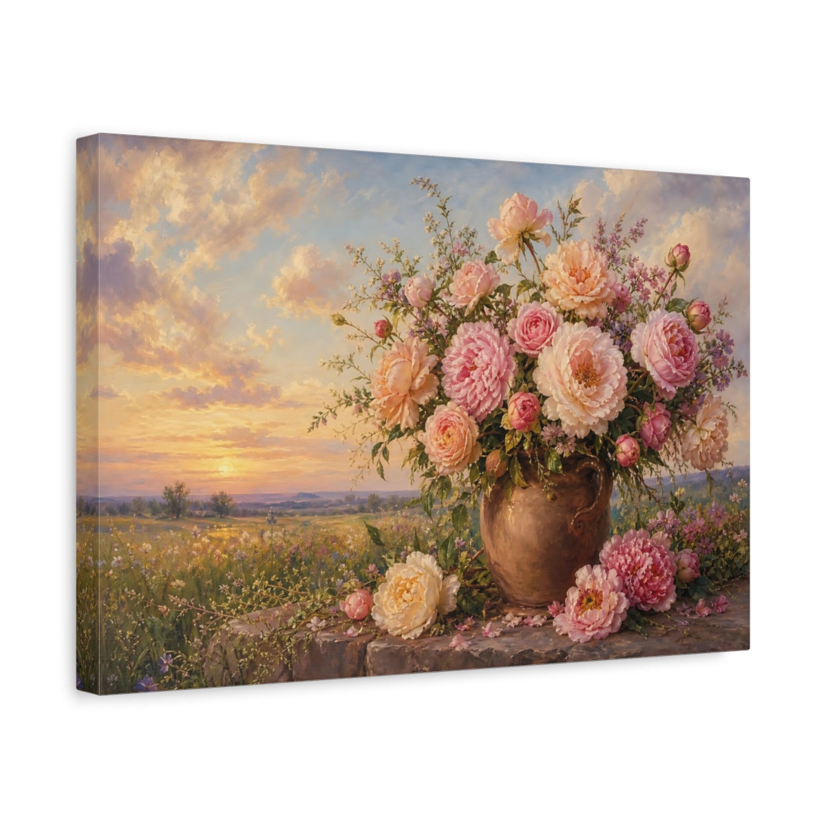 Side Mockup 4. Floral Floral Bouquet Pink Floral Sunset shown as stretched canvas wall art