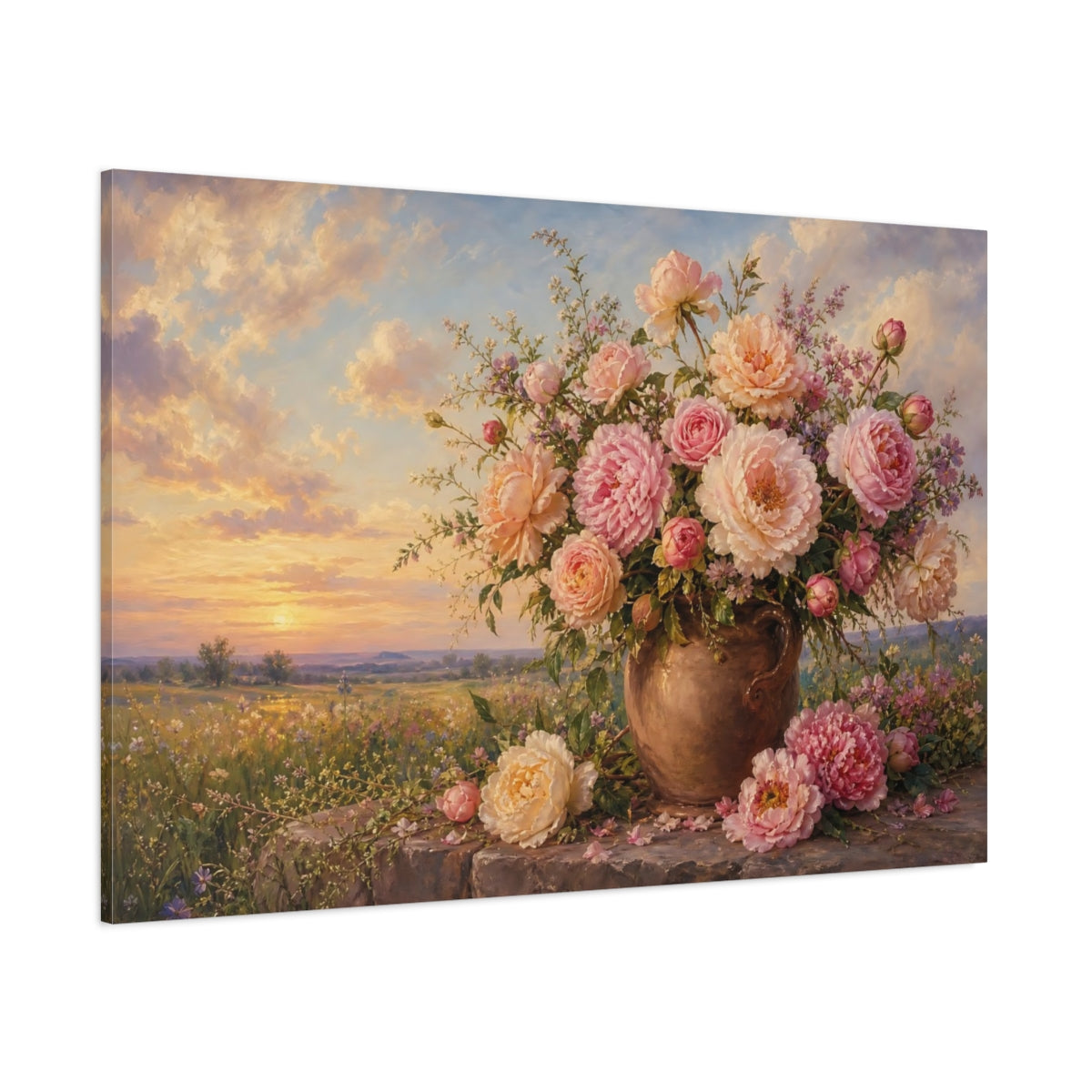Side Mockup 1. Floral Floral Bouquet Pink Floral Sunset shown as stretched canvas wall art