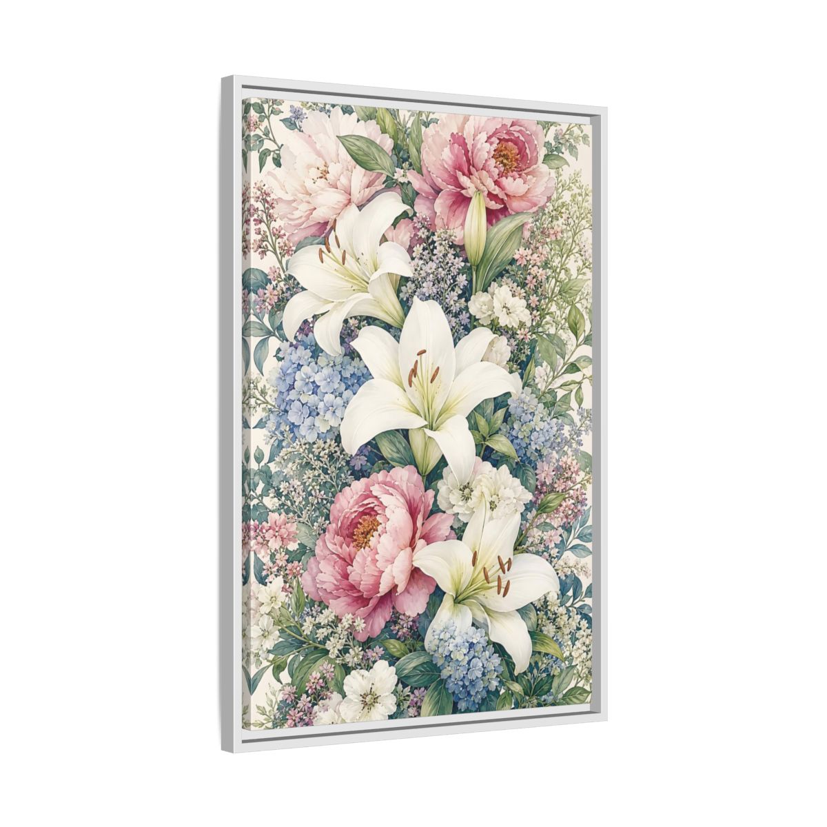 Side Mockup 10. Floral Floral Bouquet Pink White Floral shown as stretched canvas wall art