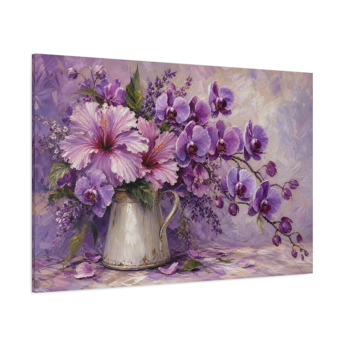 Side Mockup 1. Floral Floral Bouquet Purple Floral shown as stretched canvas wall art