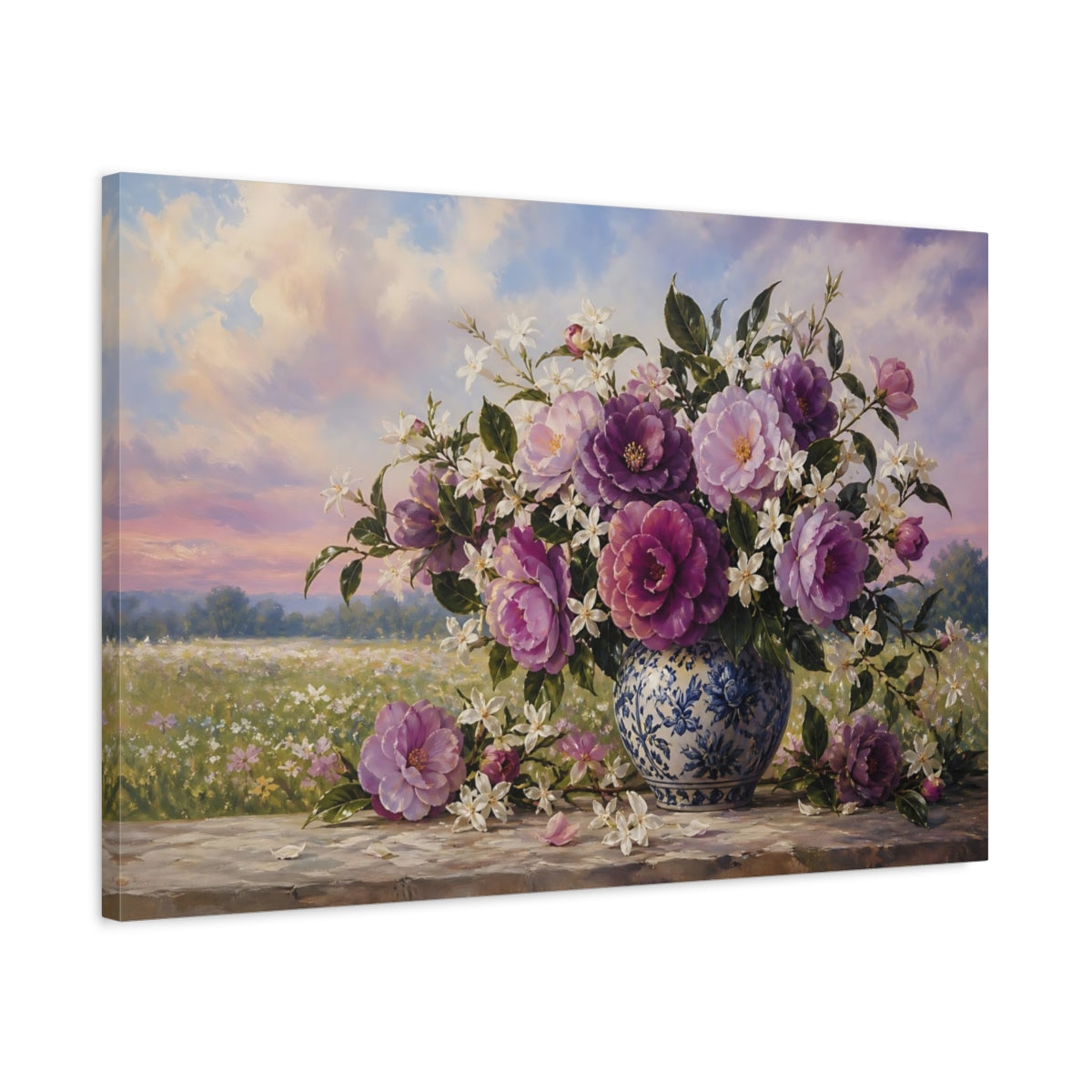 Side Mockup 2. Floral Floral Bouquet Purple Floral shown as stretched canvas wall art