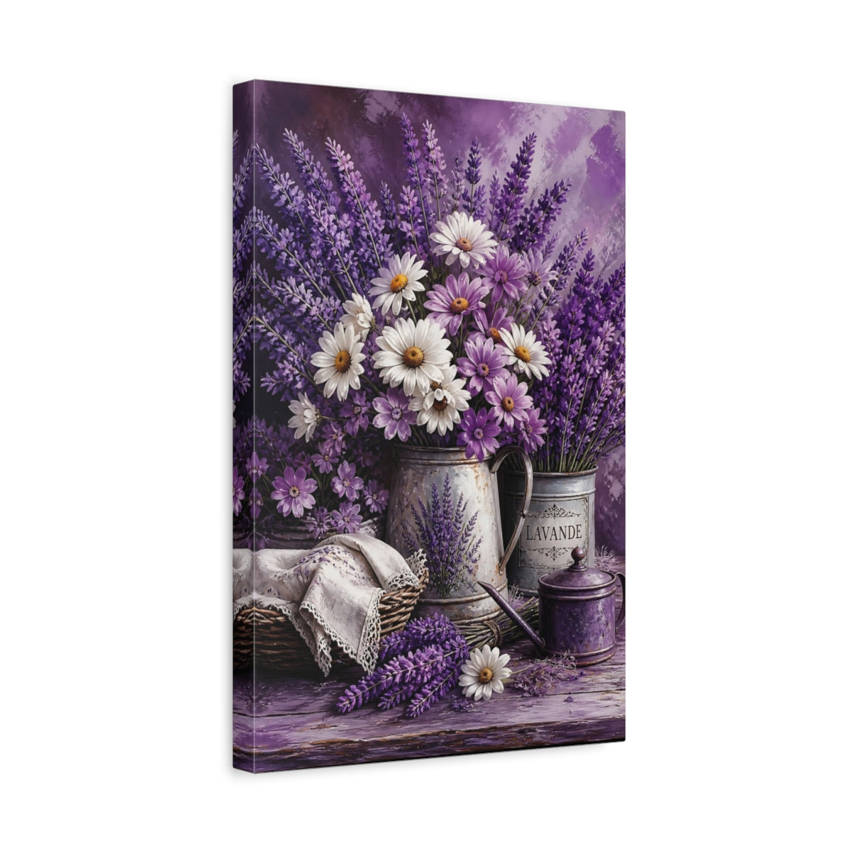 Side Mockup 4. Floral Floral Bouquet Purple Lavender shown as stretched canvas wall art