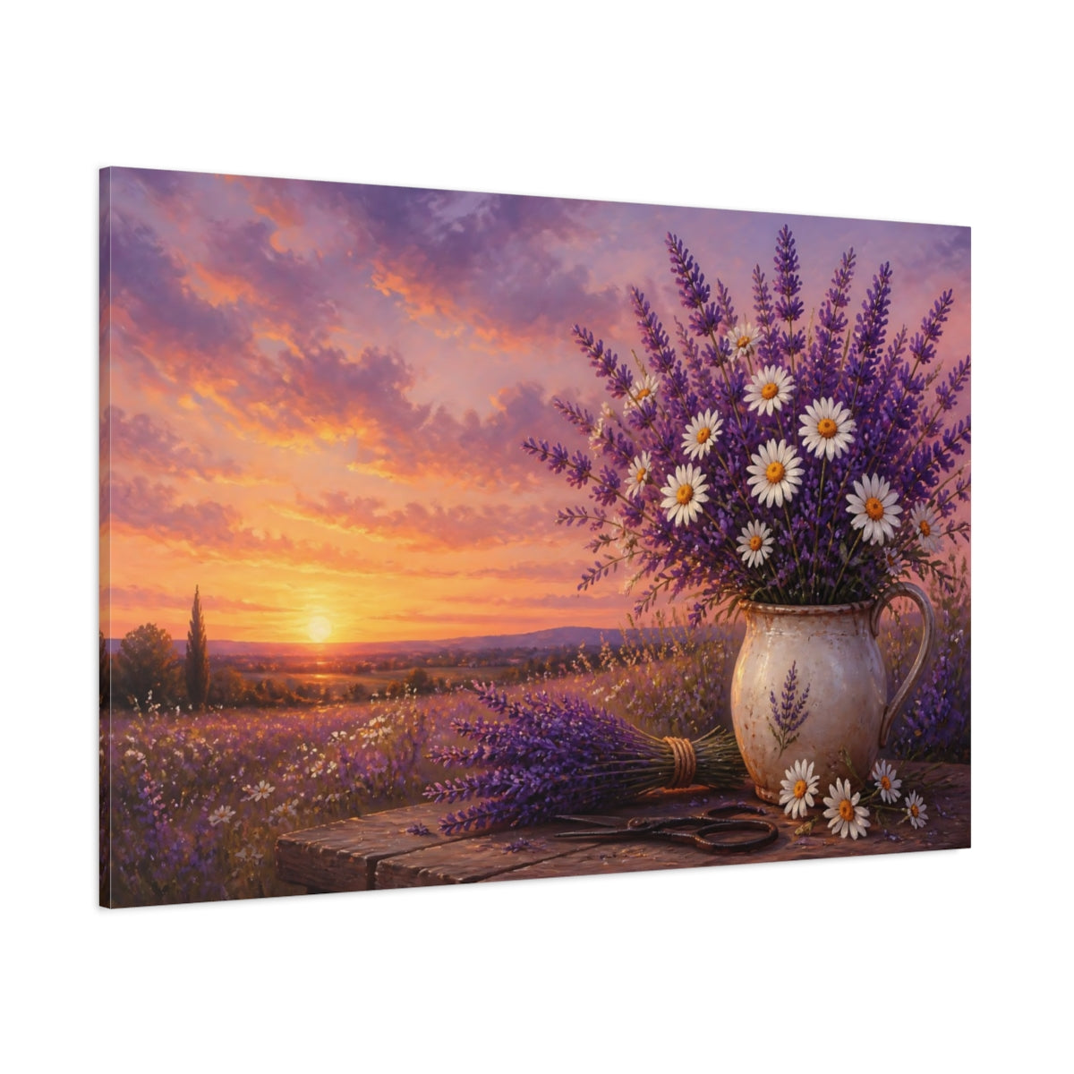 Side Mockup 1. Floral Floral Bouquet Purple Lavender Sunset shown as stretched canvas wall art