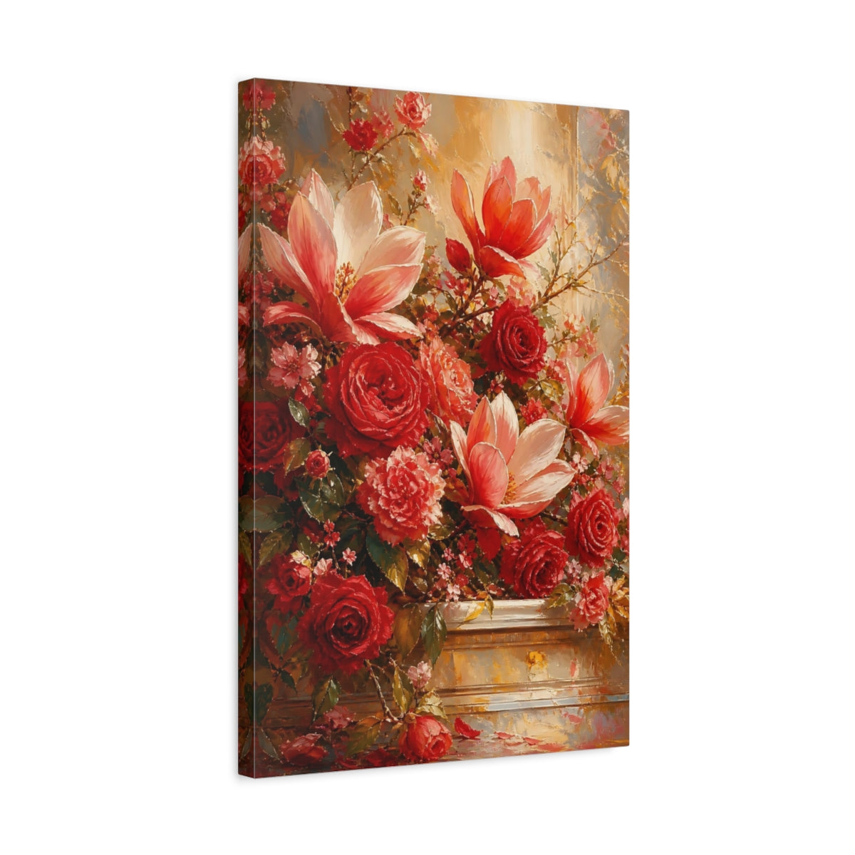 Side Mockup 3. Floral Floral Bouquet Red Floral Arrangement shown as stretched canvas wall art