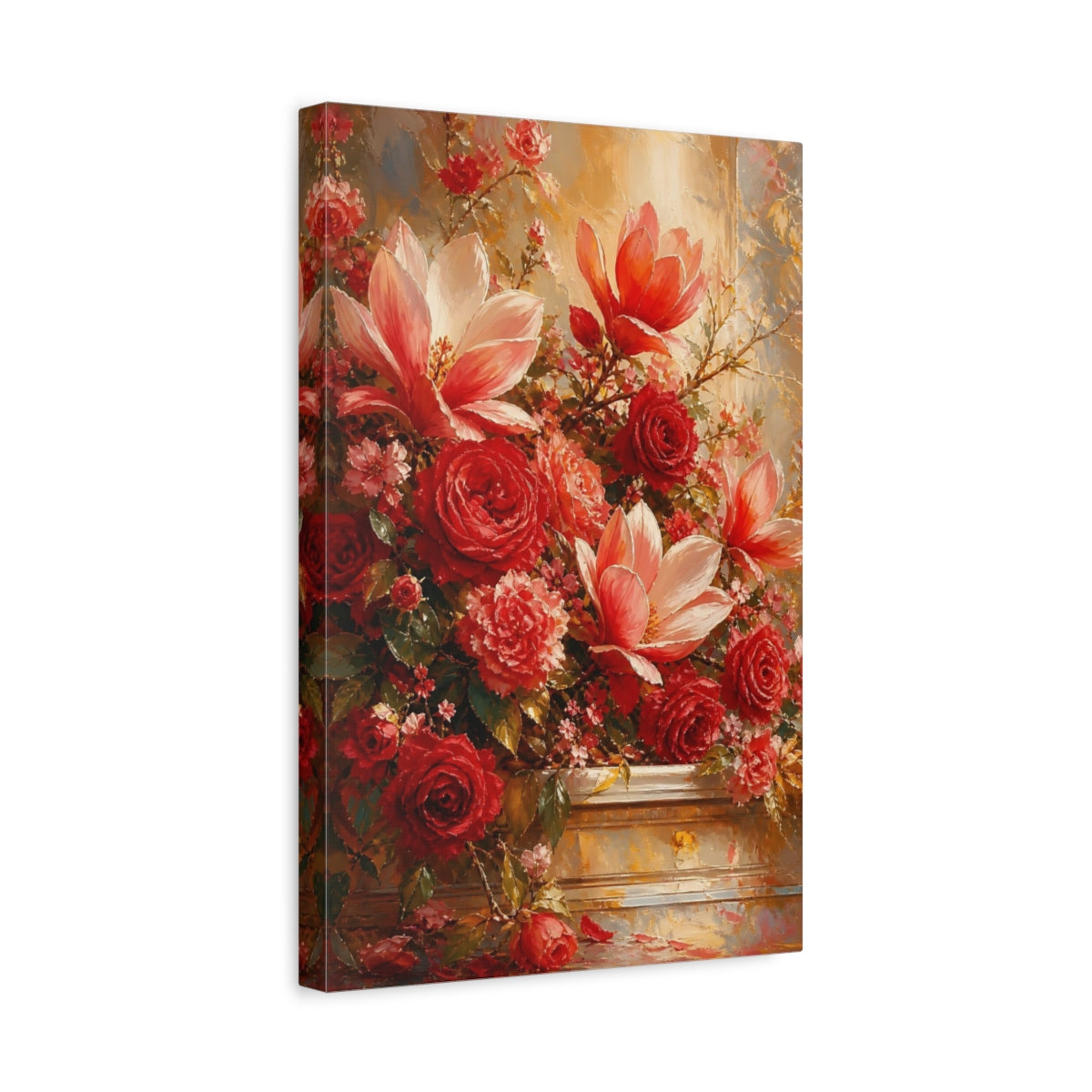 Side Mockup 4. Floral Floral Bouquet Red Floral Arrangement shown as stretched canvas wall art