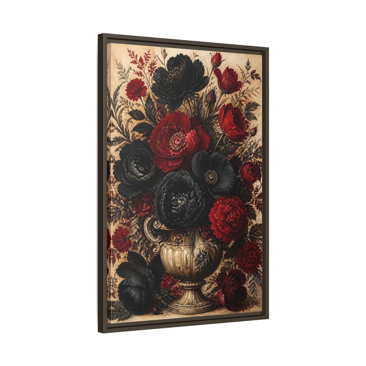 Side Mockup 11. Floral Floral Bouquet Red Black Flowers shown as stretched canvas wall art