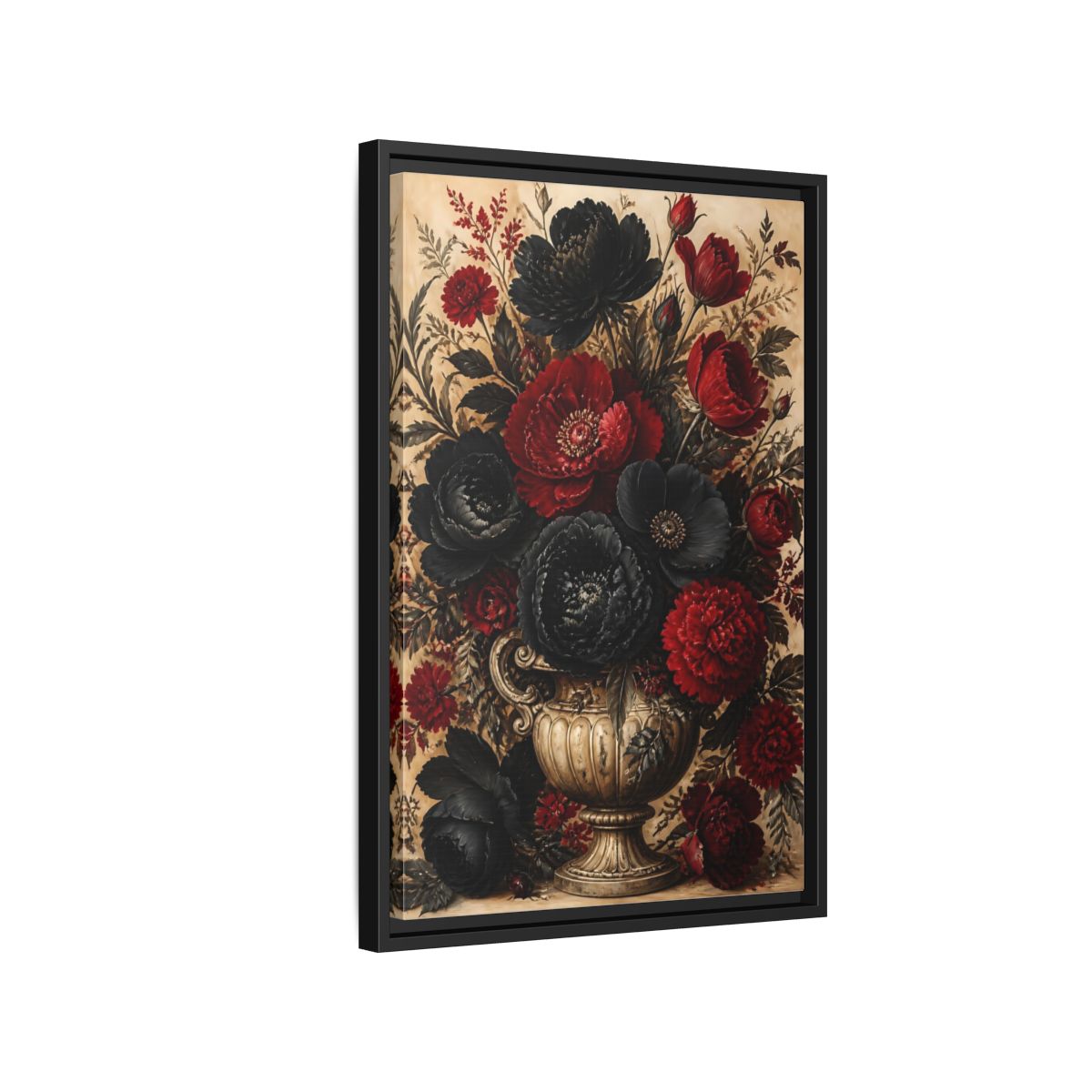 Side Mockup 3. Floral Floral Bouquet Red Black Flowers shown as stretched canvas wall art