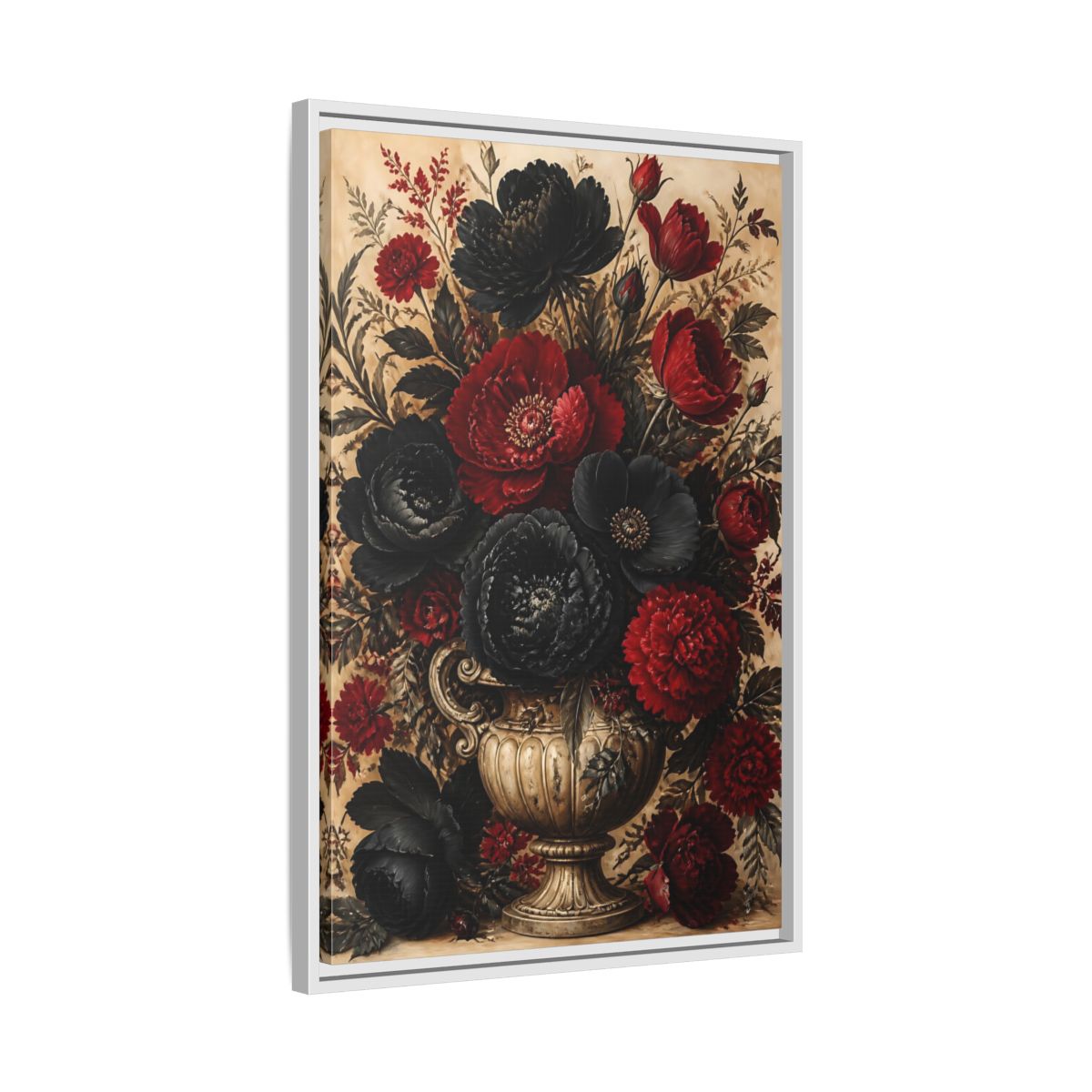 Side Mockup 10. Floral Floral Bouquet Red Black Flowers shown as stretched canvas wall art