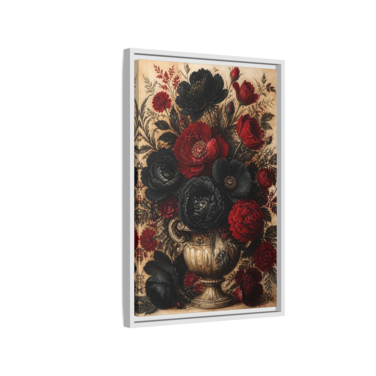 Side Mockup 1. Floral Floral Bouquet Red Black Flowers shown as stretched canvas wall art