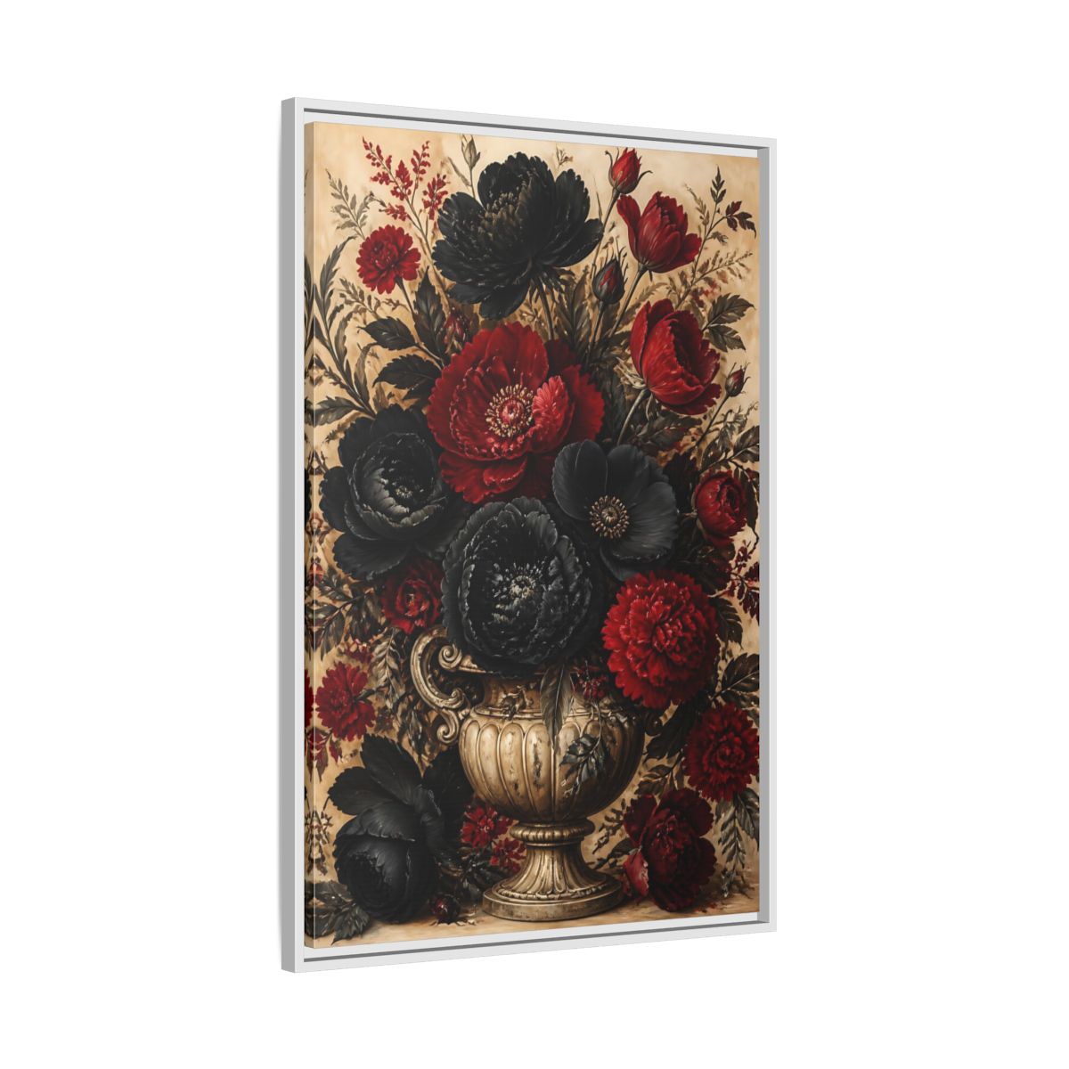 Side Mockup 9. Floral Floral Bouquet Red Black Flowers shown as stretched canvas wall art