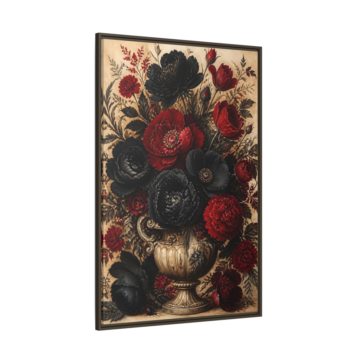 Side Mockup 8. Floral Floral Bouquet Red Black Flowers shown as stretched canvas wall art