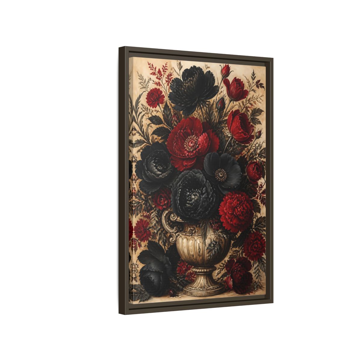 Side Mockup 2. Floral Floral Bouquet Red Black Flowers shown as stretched canvas wall art