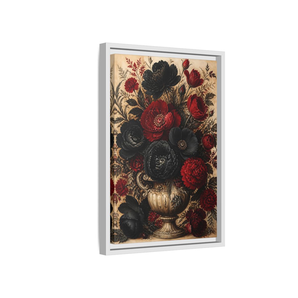 Side Mockup 4. Floral Floral Bouquet Red Black Flowers shown as stretched canvas wall art