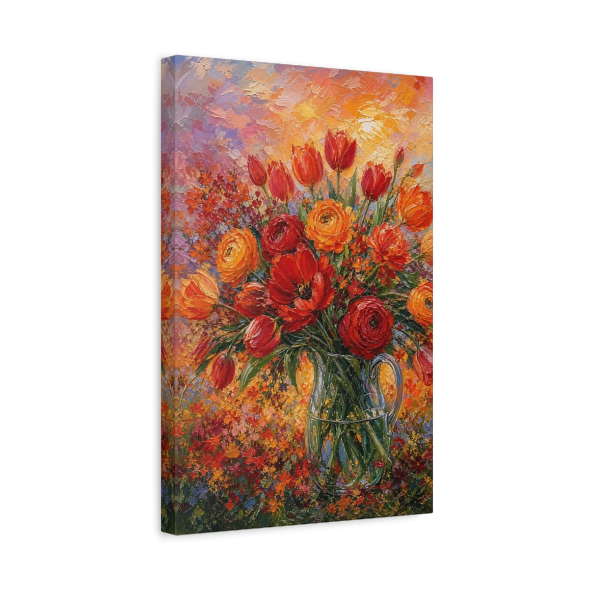 Side Mockup 4. Floral Floral Bouquet Red Orange Floral shown as stretched canvas wall art