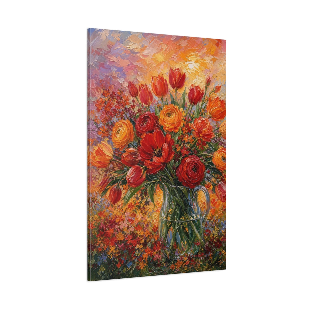 Side Mockup 1. Floral Floral Bouquet Red Orange Floral shown as stretched canvas wall art