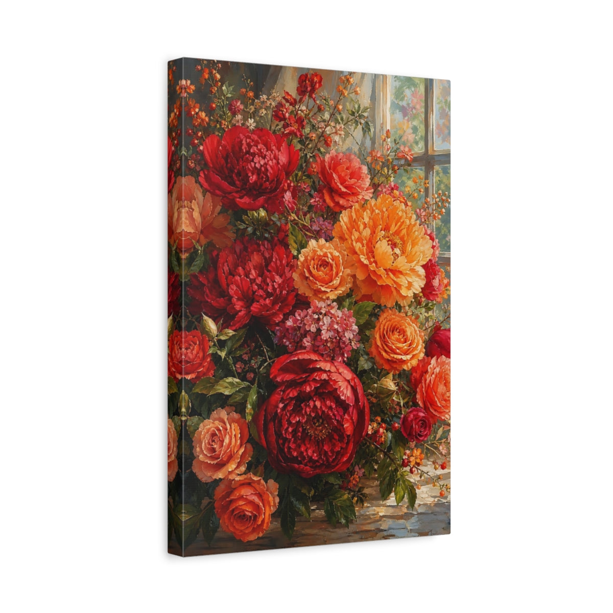 Side Mockup 4. Floral Floral Bouquet Red Orange Floral shown as stretched canvas wall art