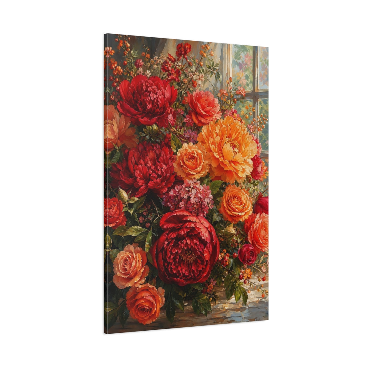 Side Mockup 1. Floral Floral Bouquet Red Orange Floral shown as stretched canvas wall art