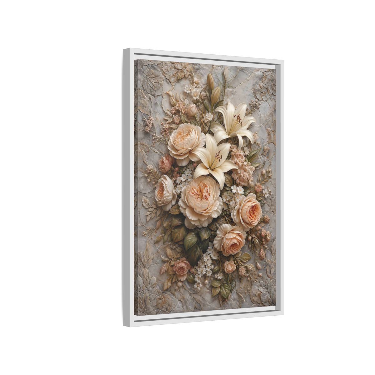 Side Mockup 1. Floral Floral Bouquet Soft Peach Grey shown as stretched canvas wall art