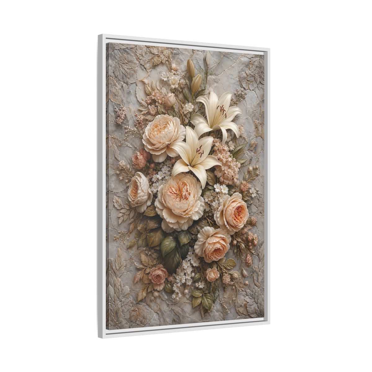 Side Mockup 9. Floral Floral Bouquet Soft Peach Grey shown as stretched canvas wall art