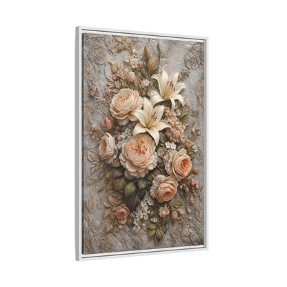 Side Mockup 9. Floral Floral Bouquet Soft Peach Grey shown as stretched canvas wall art