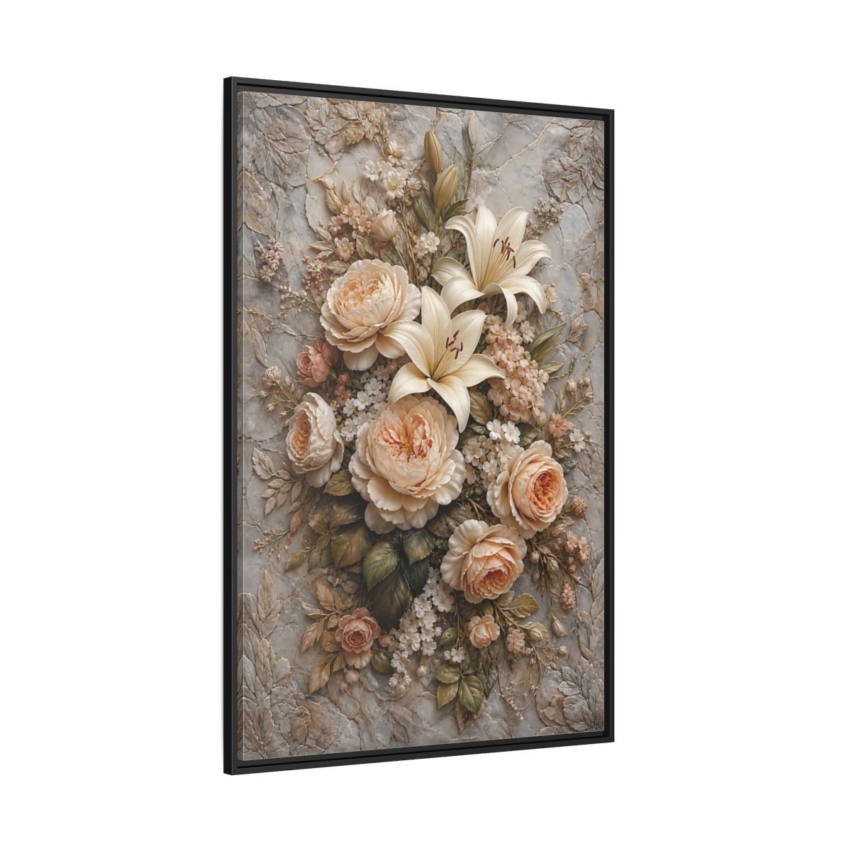 Side Mockup 12. Floral Floral Bouquet Soft Peach Grey shown as stretched canvas wall art